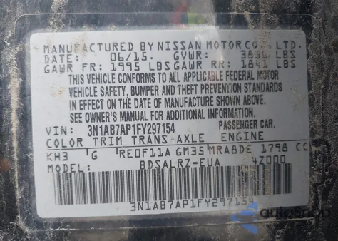 2015 Nissan Sentra Sr z USA, uszkodzony, nr VIN 3N1AB7AP1FY297154